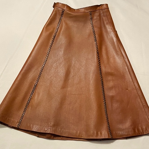 Oscar de la Renta CognacLeather A-Line Skirt